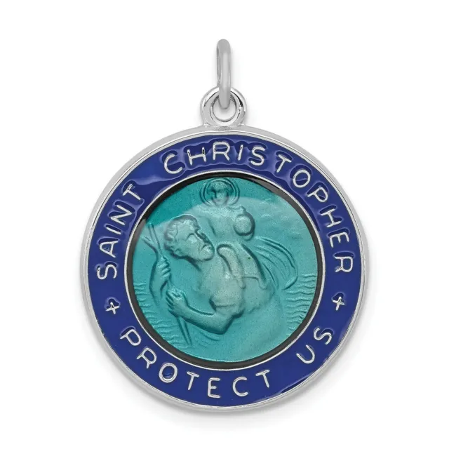 Sterling Silver Blue Enameled Saint Christopher Round Medal Pendant 1.02 Inch