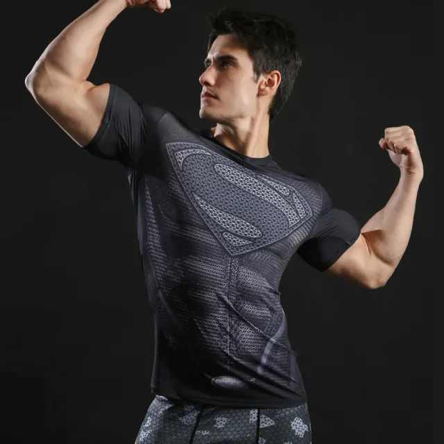 Mens t shirt compression top gym superhero avengers movie theme muscle superman 3