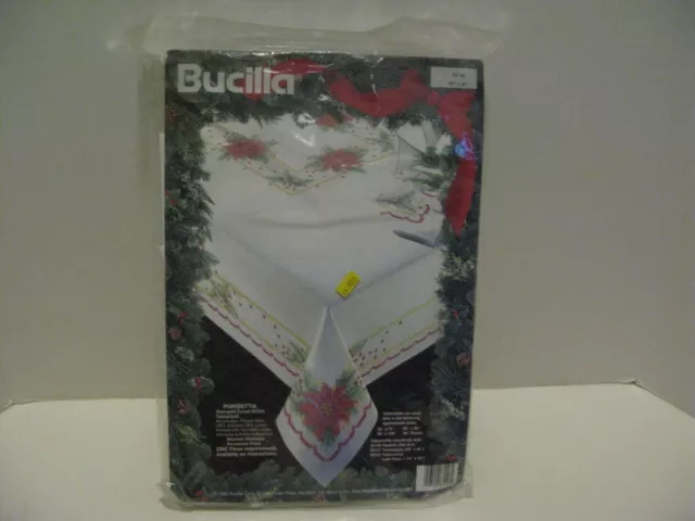 Bucilla 60" by 90" Poinsettia stamp cross stitch tablecloth