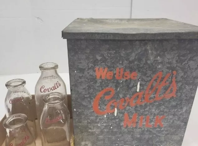 Vintage COVALTS Dairy Elsie Cow  Metal Milk Box Front Porch Cooler sign BOTTLES
