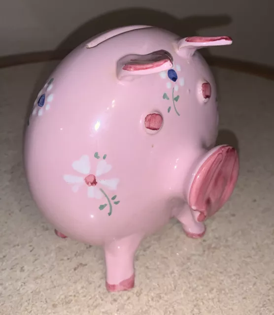 vintage 1964 hand made & painted italy pink piggy bank pig flowers