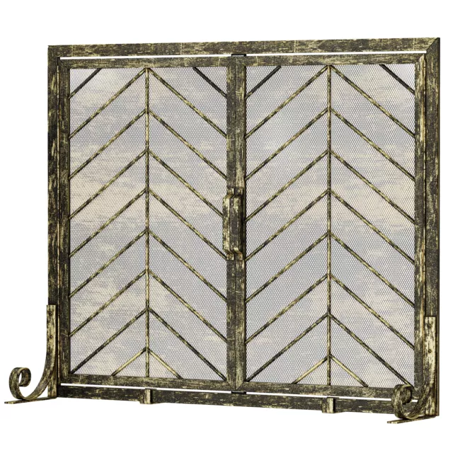 TAUS 39X31"Large Fireplace Screen w/2 Panel Solid Wrought Iron Frame Metal Mesh