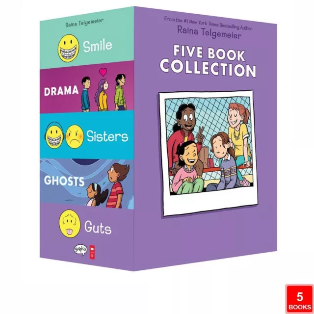 Raina Telgemeier Collection 5 Books box Set Smile, Drama, Sisters, Ghosts, Guts