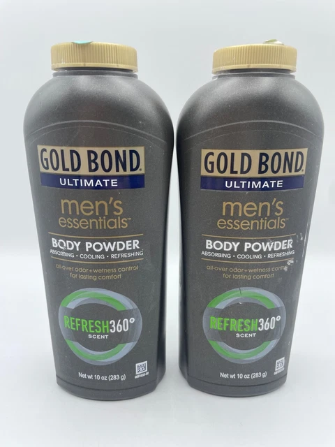 2 Polvo corporal de talco Gold Bond Essentials para hombre 10 oz refrescar 360 aroma raro Bs221