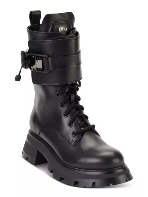 DKNY WOMENS BLACK Pull Tab Sava Round Toe Block Heel Leather Combat ...