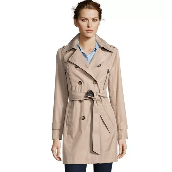 UK 10-12  DKNY S Beige Water Resistant Faux Leather Belt Jacket Mac Trench Coat