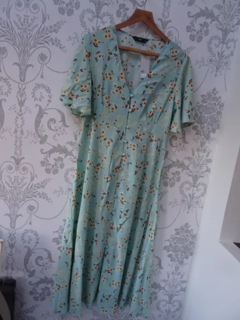 F&F ladies green floral button thru midi dress UK 14 NEW BNWT