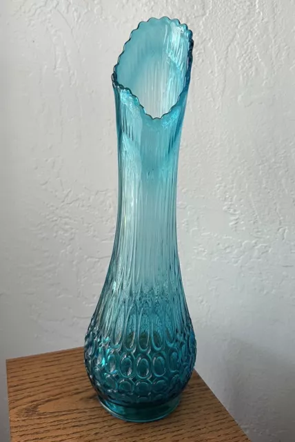 MCM LE Smith Swung Vase Peacock Blue Thousand Eye 16” Art Glass Mid Century