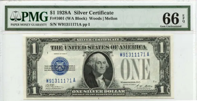 1928A $1 Silver Certificate Fr# 1601 PMG Gem66 EPQ