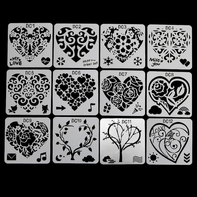 12Pcs Flower Heart Drawing Molds Plastic Children Painting Stencils DIY Paper Ar