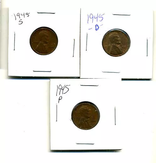 1945 P,D,S Wheat Pennies Lincoln Cents Circulated 2X2 Flips 3 Coin Pds Set#3451