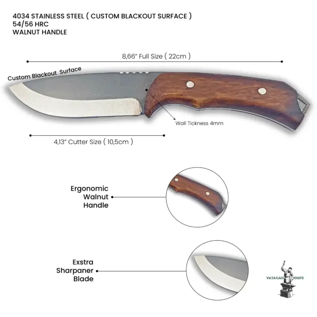 HandMade Bushcraft Knife Stainless Steel Blade and Wooden Handle 22Cm Full Tang