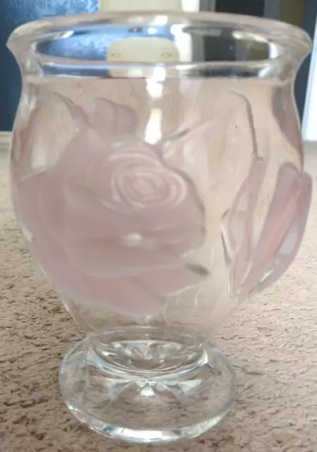 Glass Vase Raised Puff Frosted Pink Roses Lead Crystal Made in France