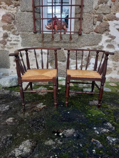 A Pair of French Vintage Rush Seated Corner Chairs