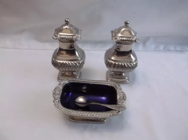 Vintage Silver Plate CRUET SET Pepper Pot, Salt & Mustard with Spoon