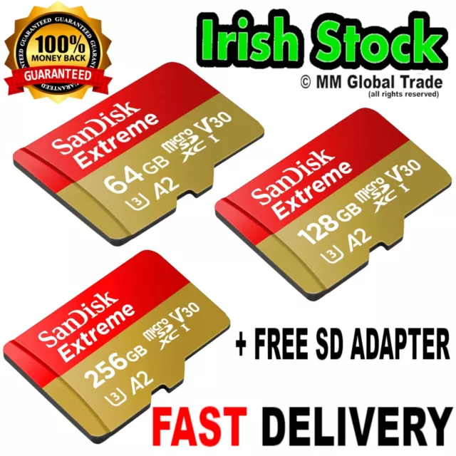 ORIGINAL SanDisk EXTREME Micro SD Card 64 128 256 GB for 4K video + FREE ADAPTER