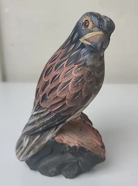 Vintage Peregrine Falcon Soapstone Sculpture 5" Hand Painted with Glass Eyes