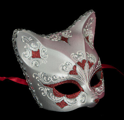 Mask from Venice Cat Silver Florale Heart Red Painted Handmade Italy 22637 3