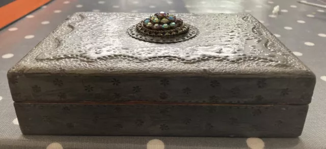 playing card storage box, Pewter with Decorative Coloured Glass,Vintage,