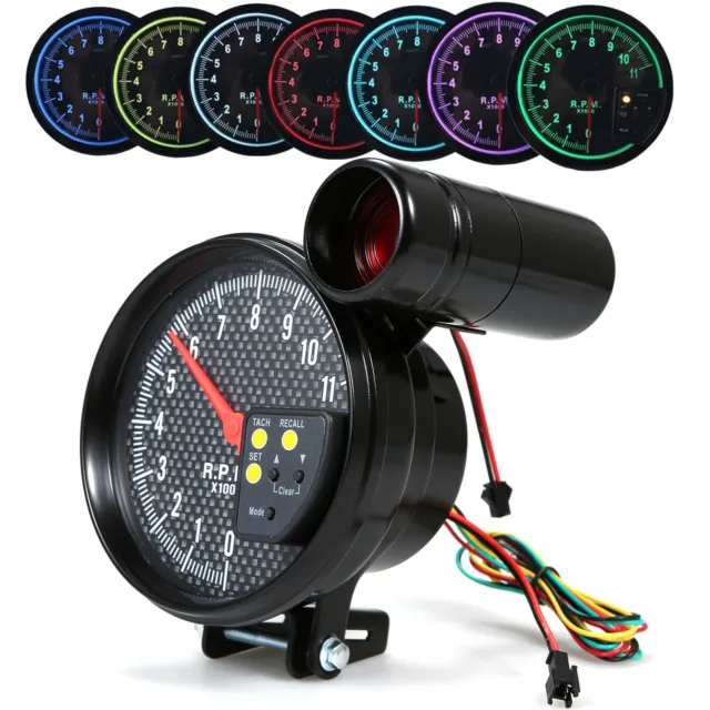 Universal 5 inch Car Tachometer 11K RPM 7-Color Backlit Tach Gauge Carbon Fiber