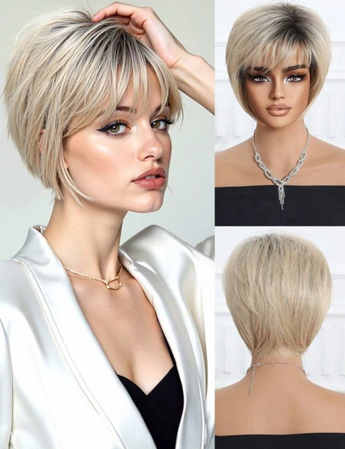 Perruque Courte Blonde Platine Frange Synthétique - Bonnet Ajustable Femme