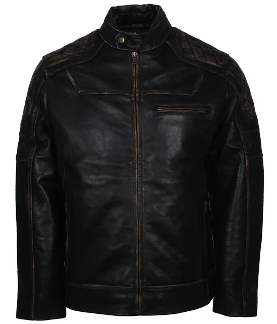 Mens David Beckham Quilted Distressed Bomber Black Motorcycle Leather Jacket