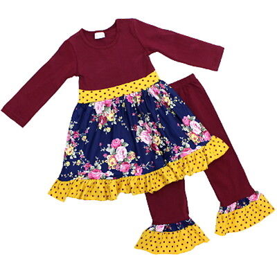 Girls boutique outfit Burgundy Navy Yellow Gold flowers spring pants 2T 4T 5T