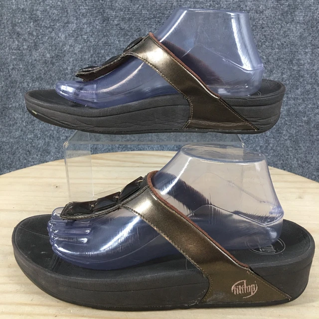 FitFlop Sandals Womens 10 Pietra Thong Flip Flops Brown Faux Leather Wedge