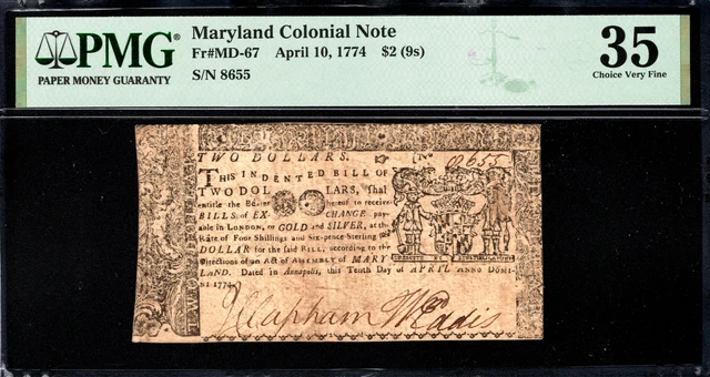 Maryland Colonial Note Fr#MD-67 April 10, 1774 $2 PMG 35