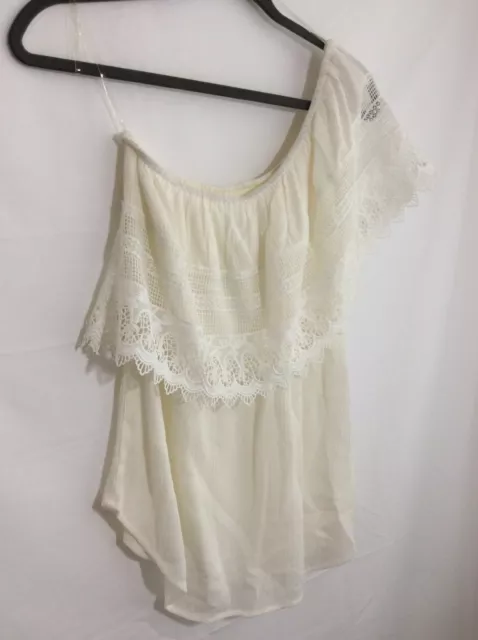 socialite womens blouse size L Crochet One-Shoulder Top white 2