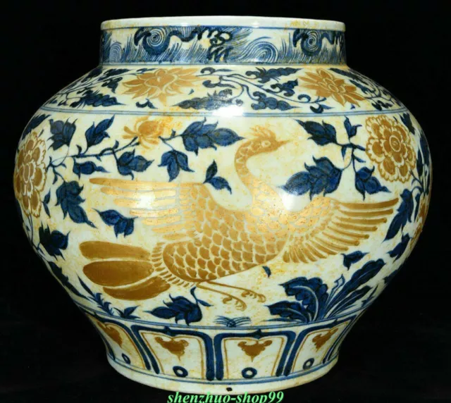 14" Rare Chinese Blue White Porcelain Gilt Phoenix Birds Flower Pot Jar Crock