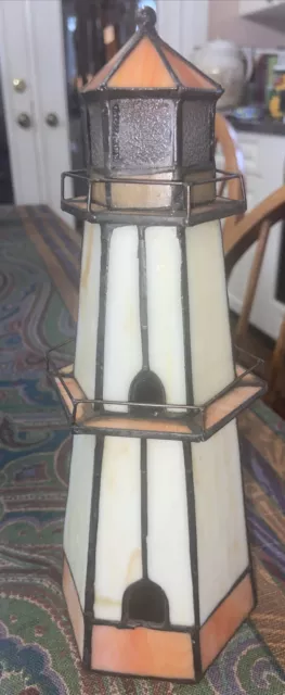 LEADED GLASS TIFFANY Style Stained Glass Lighthouse Lamp/Nautical W/ 14ft Cord