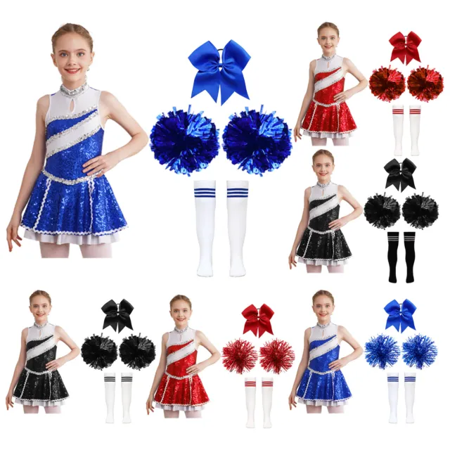 UK Kids Girls Sparkle Cheerleading Dance Dress Cheer Leader Carnival Costume Set