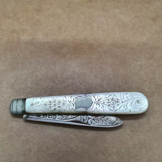 Sterling Silver Mother of Pearl Folding Fruit Knife Handcrafted Engraved Blade