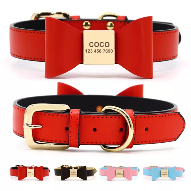 Soft Leather Dog Collar Custom Personalized with Cute Bow Tie Pet Name Engraved