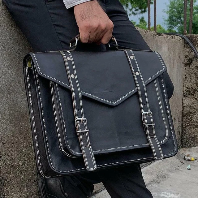 15 " Handmade Cuir Noir Sacoche PC Portable Convertible Sac à Dos Bandoulière