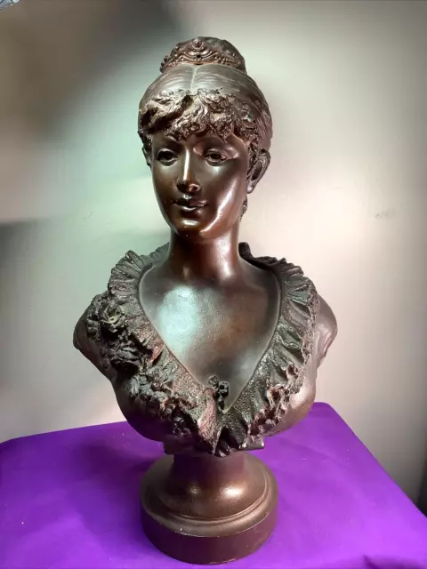 16" Antique Bust Sculpture Art Nouveau Victorian Woman Bronze Spelter Statue