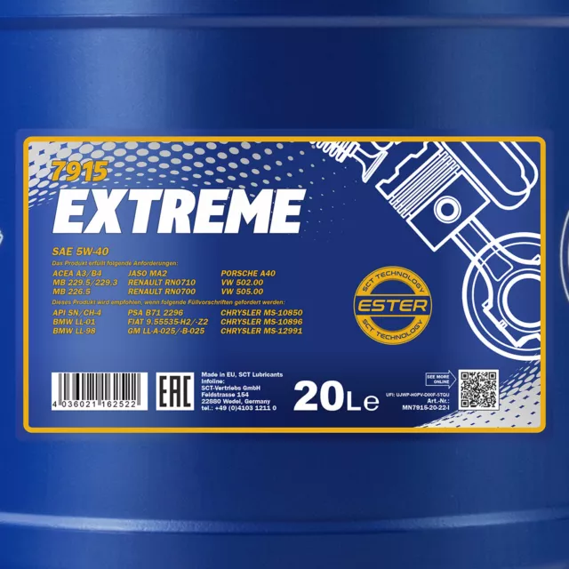 Mannol extreme SAE 5W40 Huile VW 50200, 50500, MB 229.5, BMW LL-01, 20 Liter 2