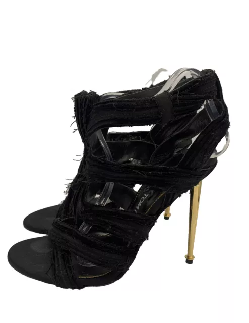 TOM FORD UK 6 Eu 39 Black Satin Cross Strap Raw Edge Sandal Gold Stiletto Heel