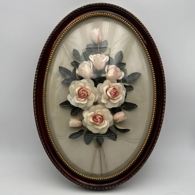 Cadre Ovale Vintage En Tissu – Verre Bombé – Motif Bouquet De Fleurs – Décoration Ancienne Boulier Ancien
