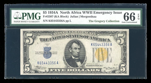 DBR 1934-A $5 North Africa Gem Fr. 2307 KA Block PMG 66 EPQ Serial K65443356A