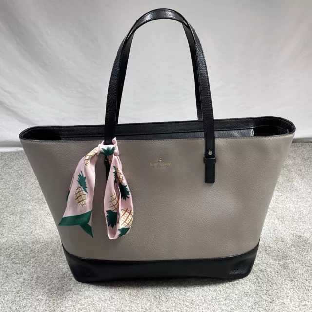 Kate Spade XL Tote Bag Purse 57710 Black Tan Leather & Pineapple Skinny Scarf !!