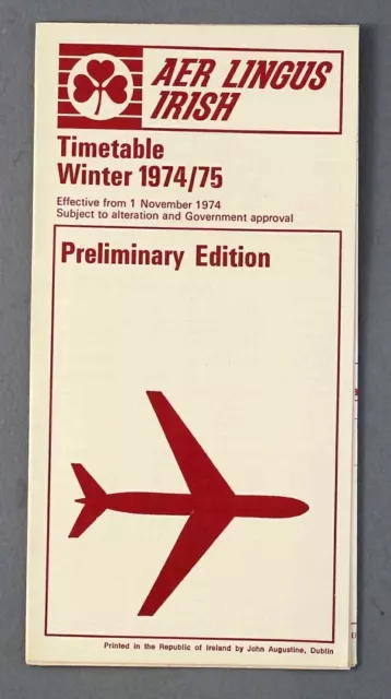 Aer Lingus Irish Airline Timetable Winter 1974/75 Preliminary Edition Ireland Ei