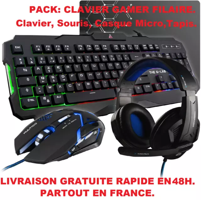Pack Clavier Gamer Filaire AZERTY Lumineux Souris Casque Micro Tapis Pas Cher