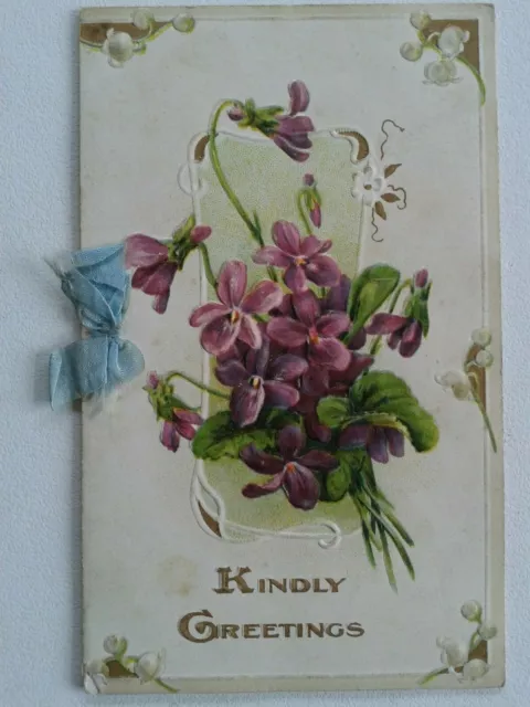 Kindly Greetings vintage embossed Christmas Card violets & quote from John 8.2.