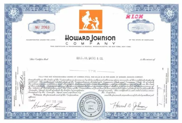 Howard Johnson Co. - Restaurant & Hotel Chain Stock Certificate - General Stocks