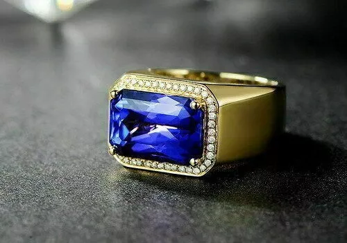 3Ct Lab-Created Blue Sapphire Men's Engagement Pinky Ring 14K Yellow Gold Finish