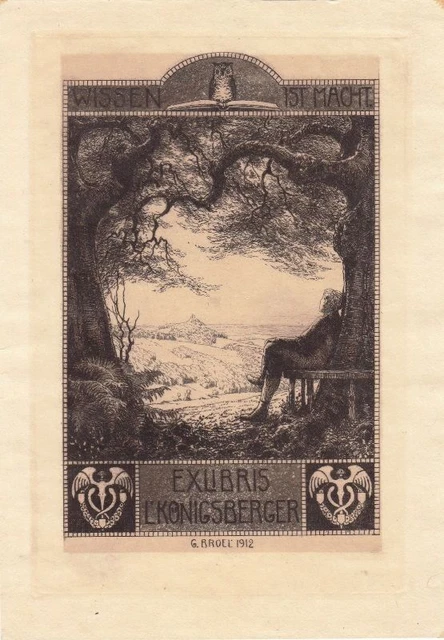 Bookshelf bookplate etching Georg Broel 1884-1940 sitting landscape owl