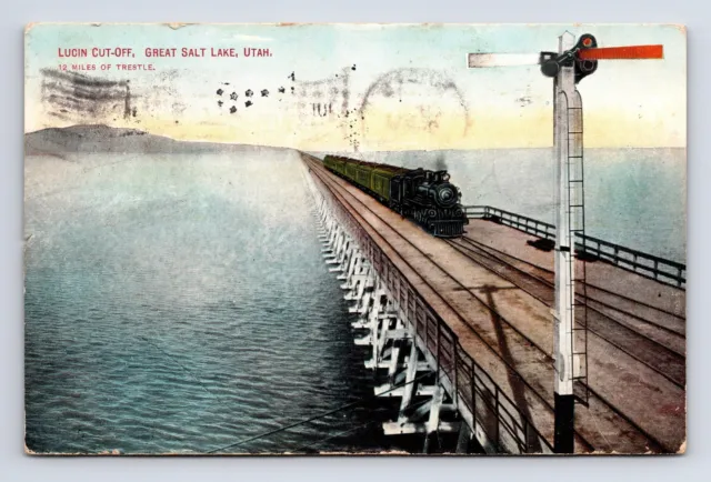 c1909 Lucin Cut-Off Great Salt Lake Trestle Bridge Ogden Utah UT Postcard
