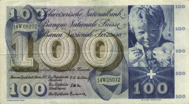 Schweiz / Switzerland P.49b 100 Franken 1957 ((3) Unterschrift 3